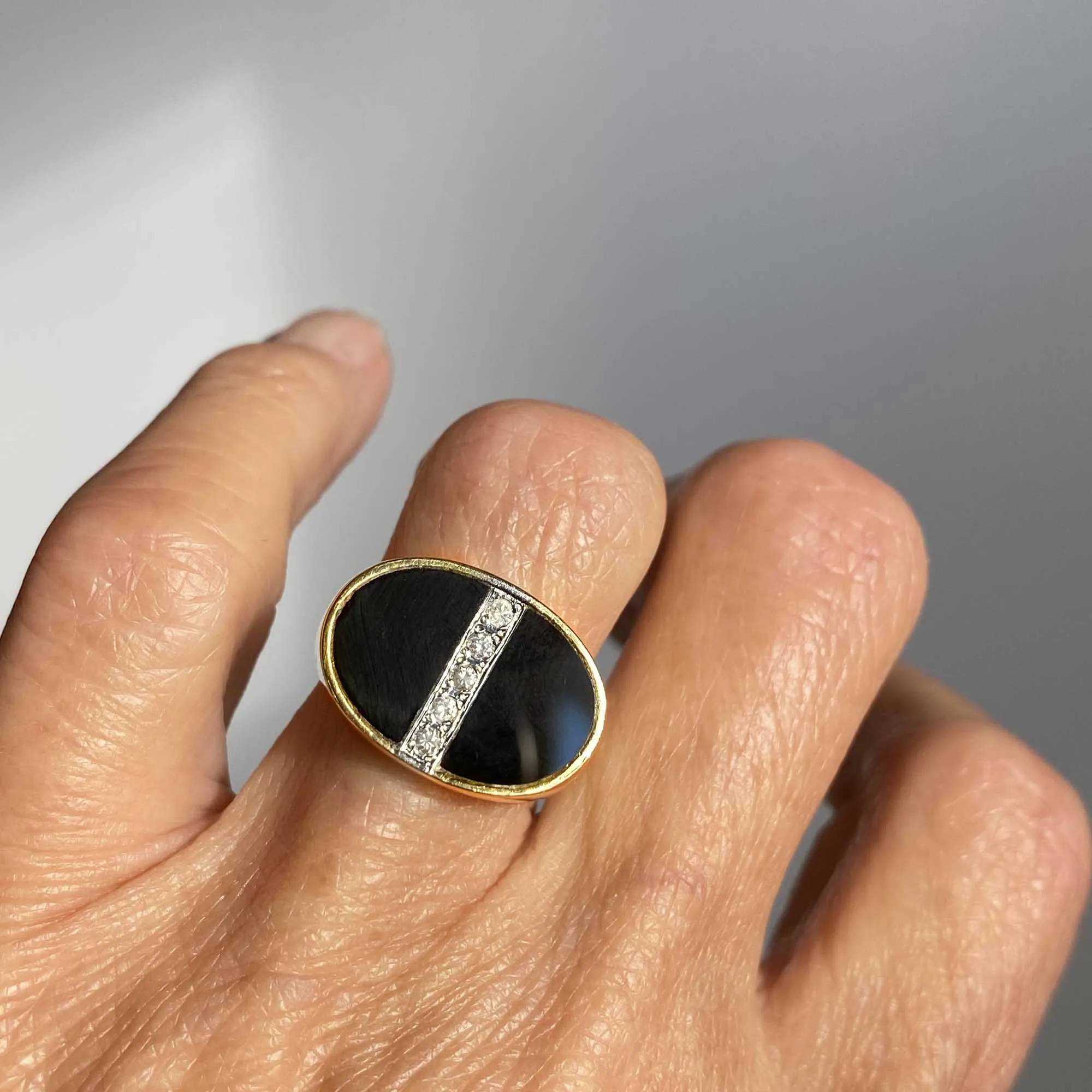 Heavy 14K Gold Oval Onyx Diamond Ring, Signet Style