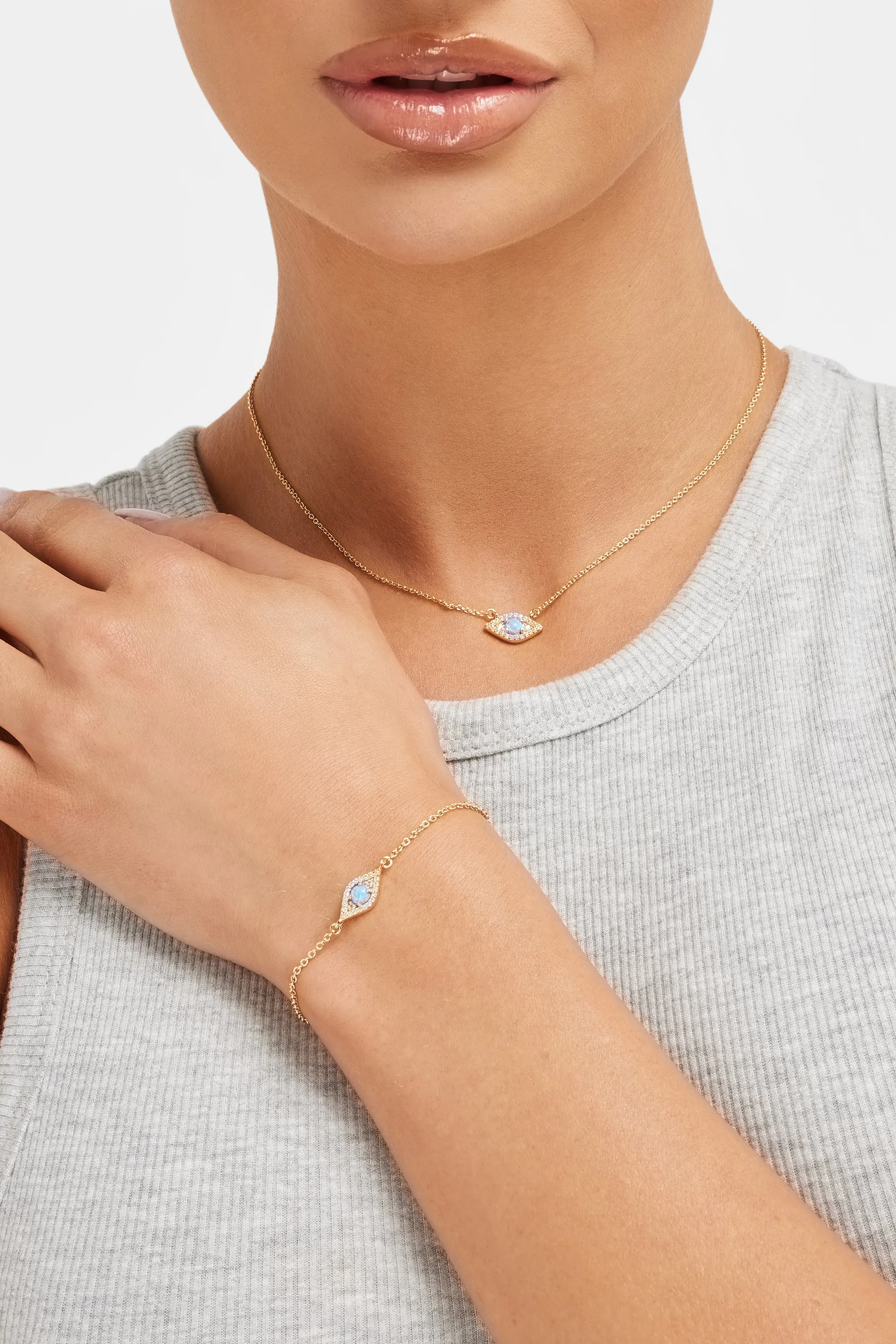 Iced Blue Opal Mini Evil Eye Necklace   Bracelet Bundle - Gold