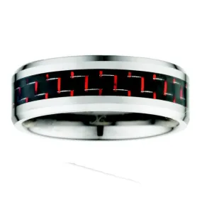 Kellee Designs Men's 8mm Tungsten Red Carbon Fiber Inlay Wedding Band