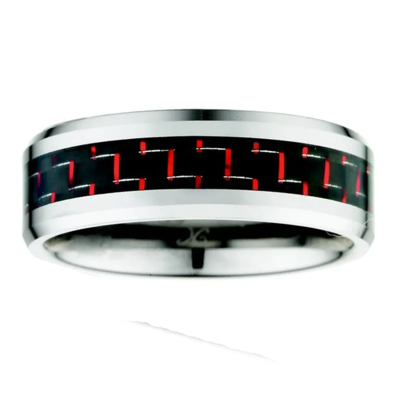 Kellee Designs Men's 8mm Tungsten Red Carbon Fiber Inlay Wedding Band
