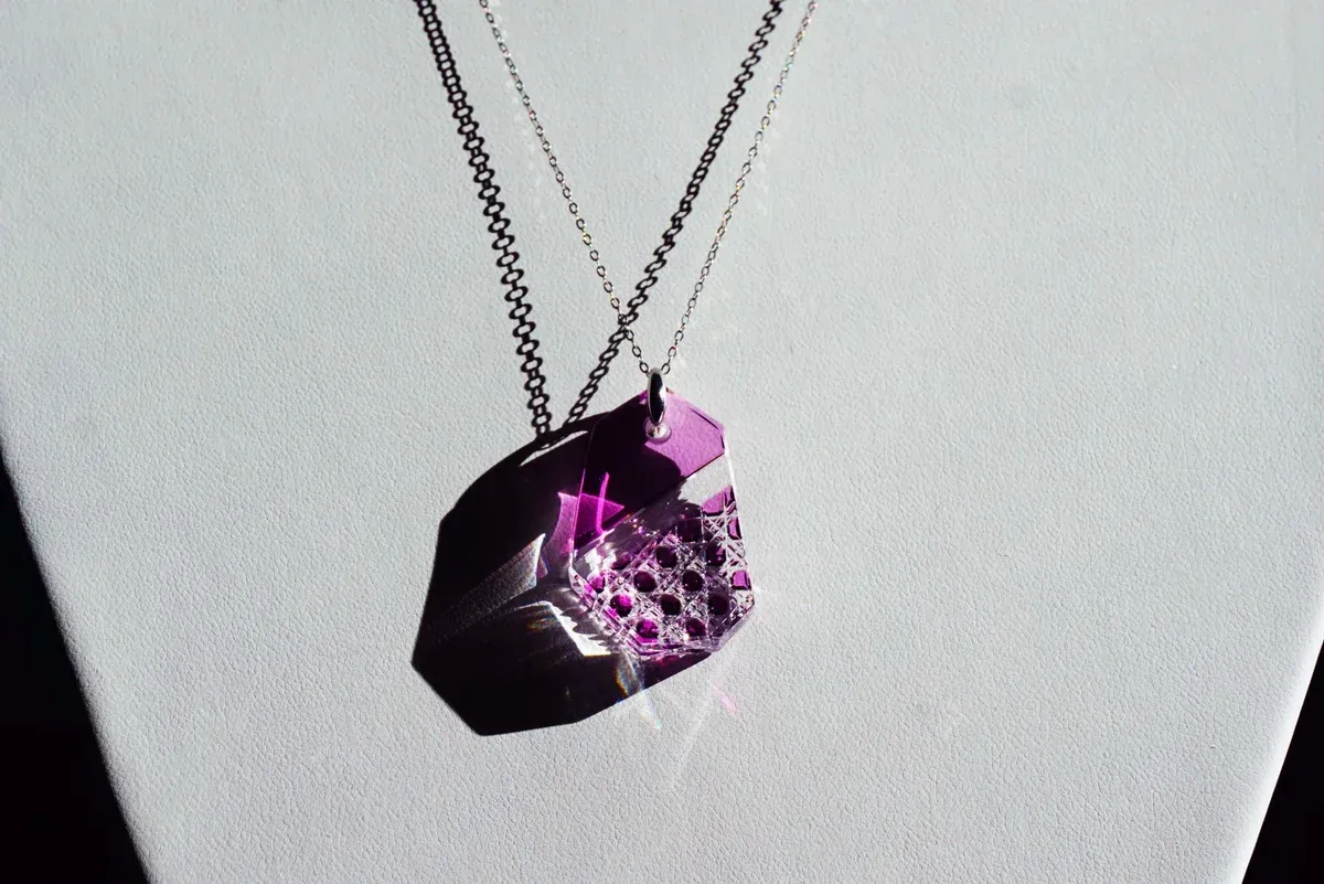 Kiriko Glass Pendant Necklace -Gold Purple-, Japanese Jewelry