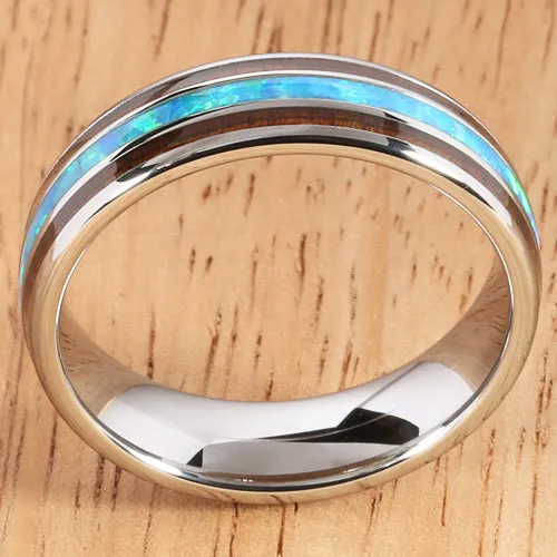 Koa Wood Opal Tungsten Two Tone Wedding Ring Triple-row Center Opal 6mm Barrel Shape Hawaiian Ring