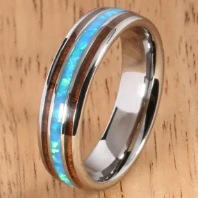 Koa Wood Opal Tungsten Two Tone Wedding Ring Triple-row Center Opal 6mm Barrel Shape Hawaiian Ring