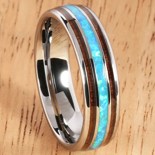 Koa Wood Opal Tungsten Two Tone Wedding Ring Triple-row Center Opal 6mm Barrel Shape Hawaiian Ring