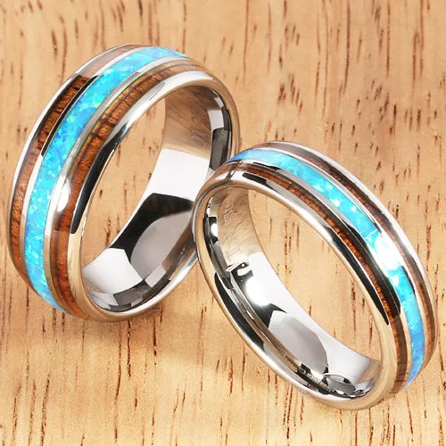 Koa Wood Opal Tungsten Two Tone Wedding Ring Triple-row Center Opal 6mm Barrel Shape Hawaiian Ring