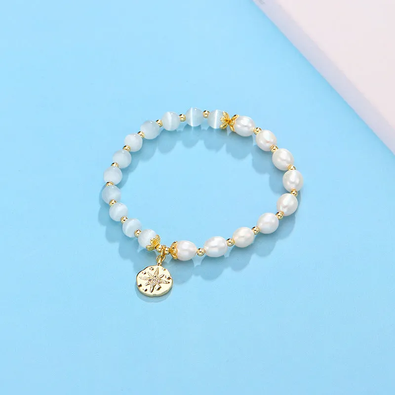 Korean Edition Freshwater Pearl and Opal Stone Bracelet with Sterling Silver Charm