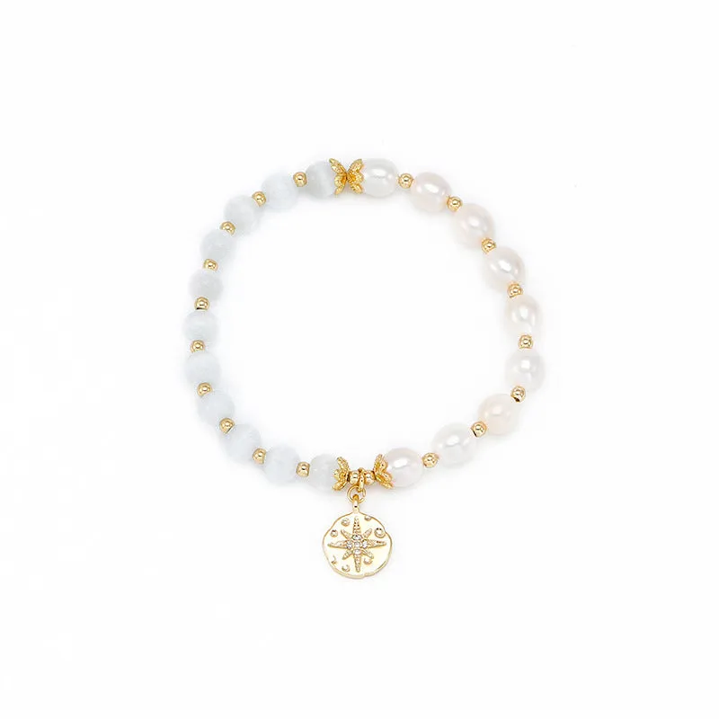 Korean Edition Freshwater Pearl and Opal Stone Bracelet with Sterling Silver Charm