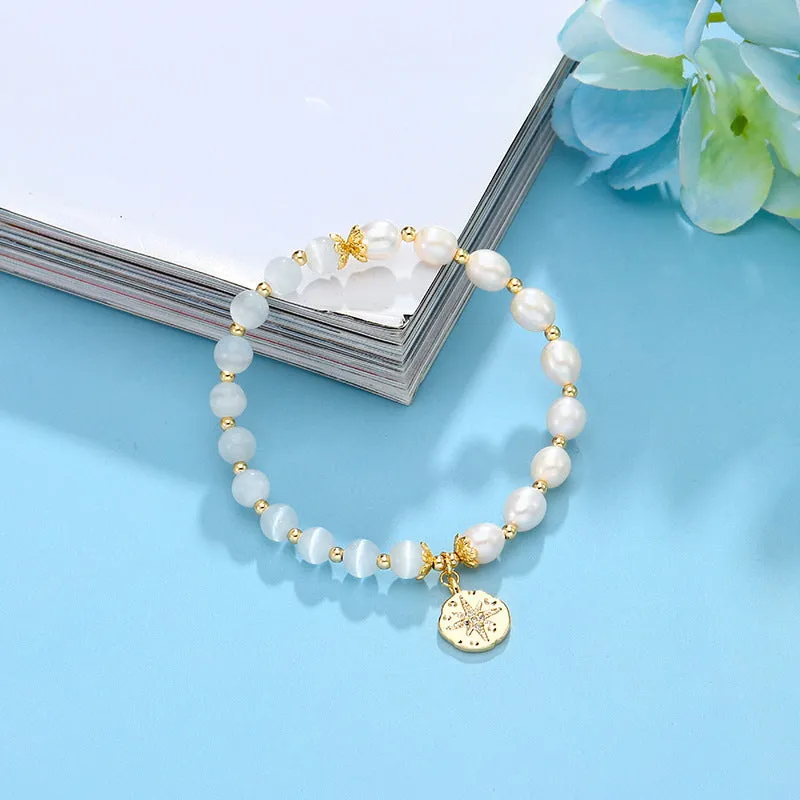 Korean Edition Freshwater Pearl and Opal Stone Bracelet with Sterling Silver Charm