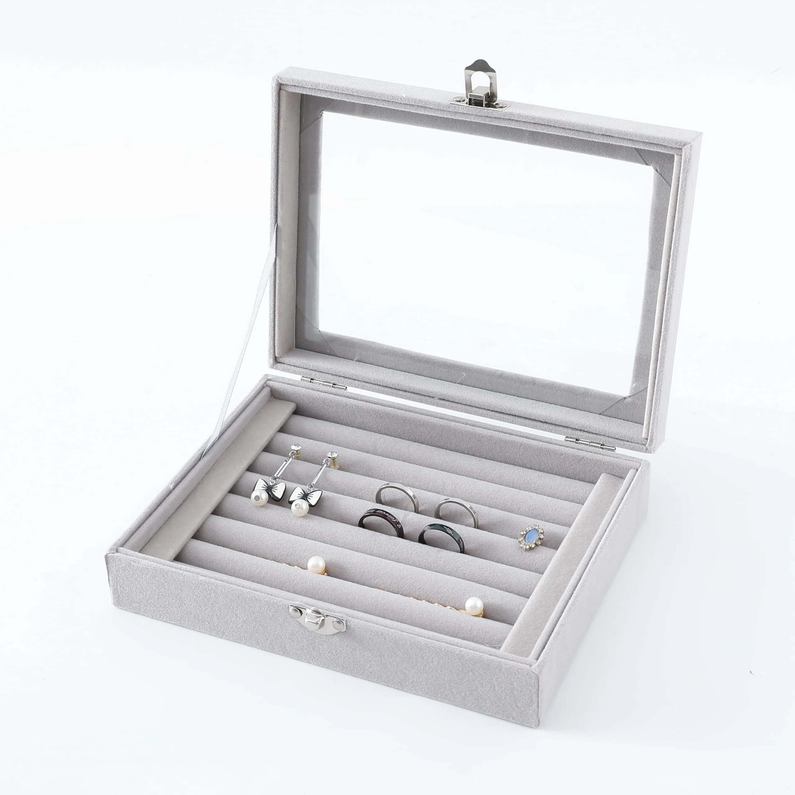 Kuber Industries Pack of 2 Velvet Jewelry Box Organizer | Jewelry Storage Box | Jewelry Organizer | Showcase Holder Dresser Organizer for Earring Necklace Bracelet Ring | YXX-017 | Grey