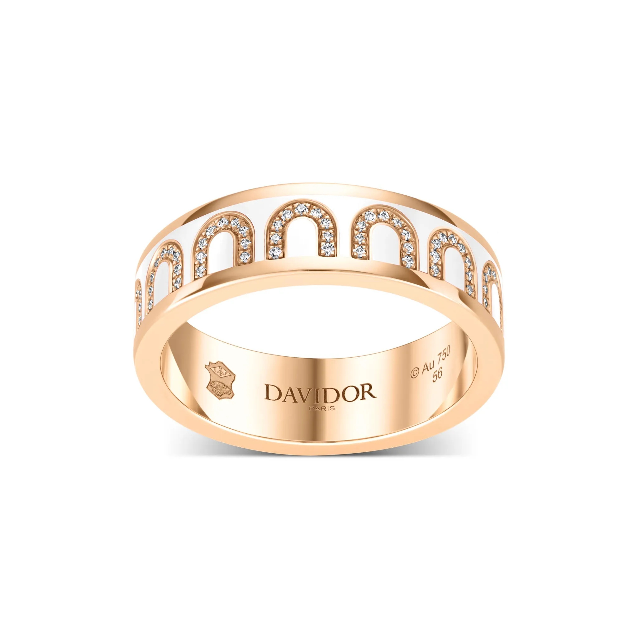 L'Arc de DAVIDOR Ring MM, 18k Rose Gold with Neige Lacquered Ceramic and Arcade Diamonds