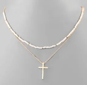Layered Cross & Bead Necklace - Gold White