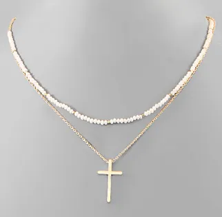 Layered Cross & Bead Necklace - Gold White