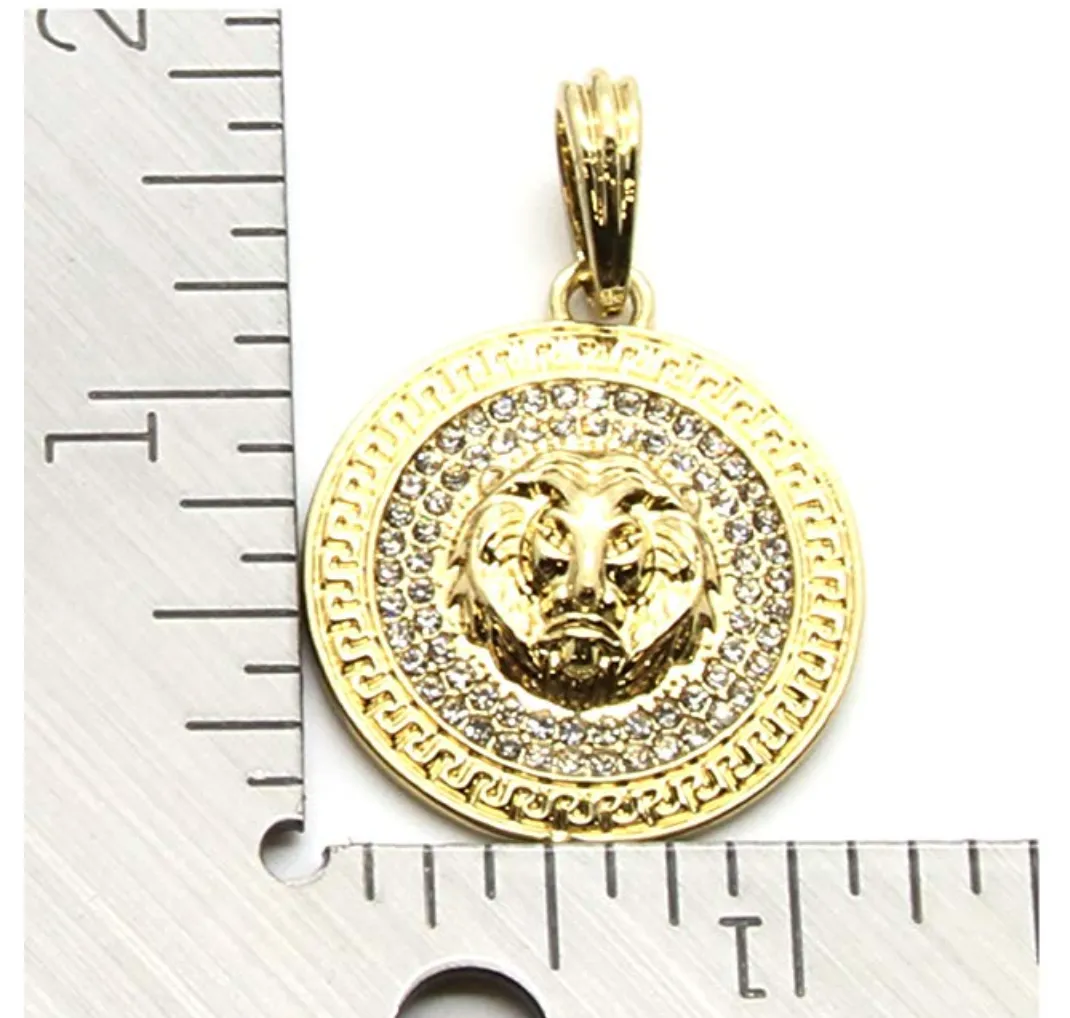 Lion Medallion Necklace Medusa Chain Iced Out Simulated-Diamond Gold Color Metal Alloy African Lion Leo Jewelry 24in.