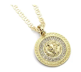 Lion Medallion Necklace Medusa Chain Iced Out Simulated-Diamond Gold Color Metal Alloy African Lion Leo Jewelry 24in.