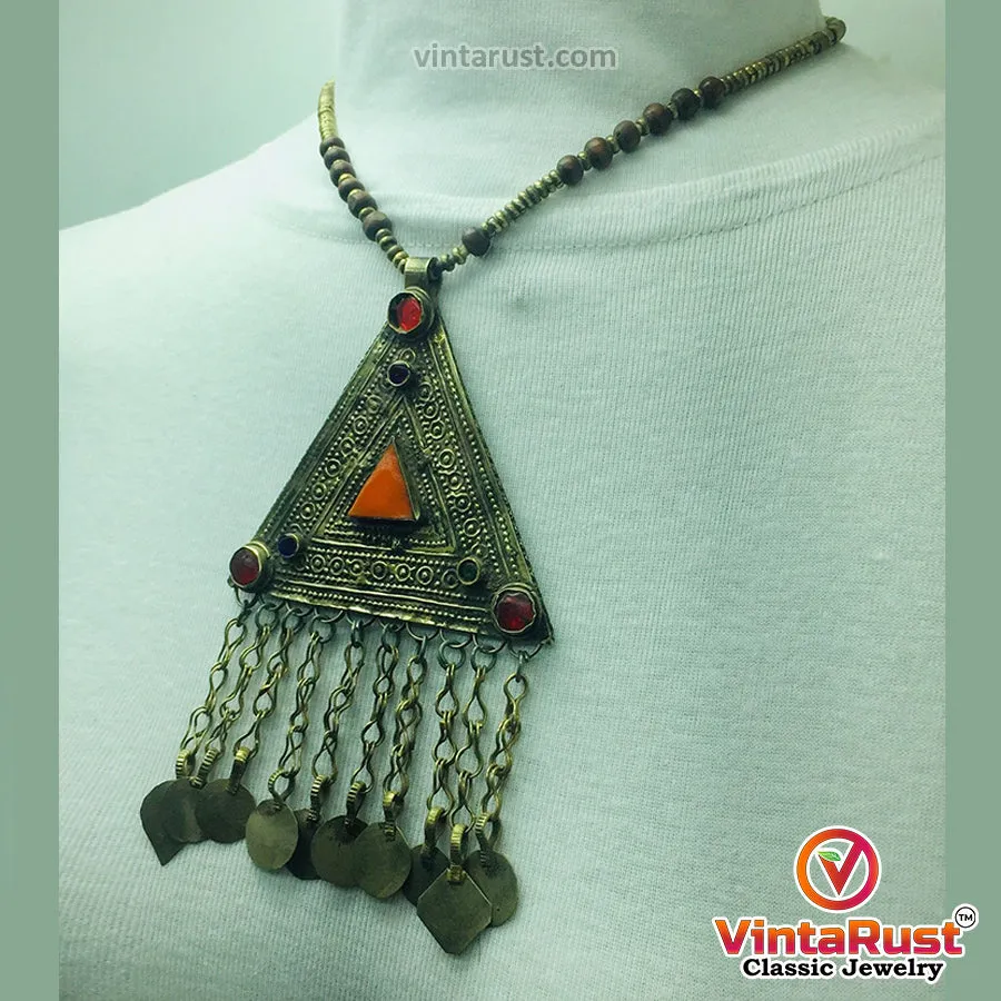 Metal And Wooden Beaded Chain Pendant Necklace