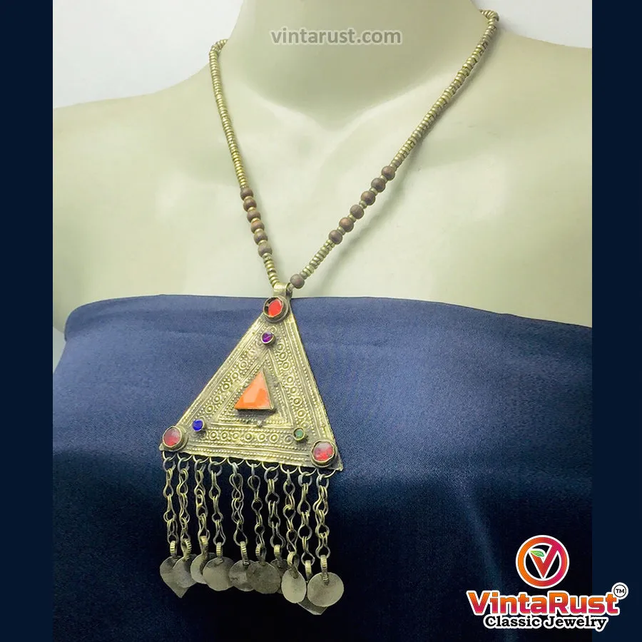 Metal And Wooden Beaded Chain Pendant Necklace