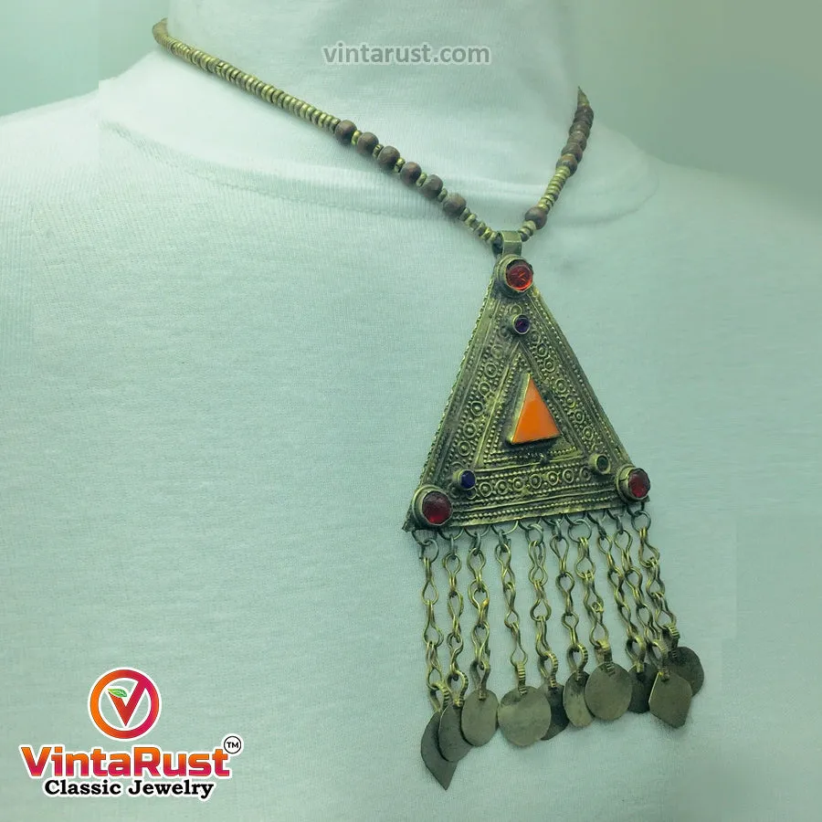 Metal And Wooden Beaded Chain Pendant Necklace