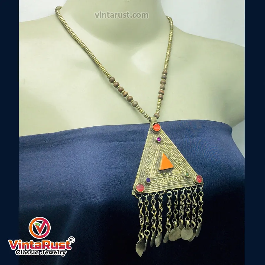 Metal And Wooden Beaded Chain Pendant Necklace