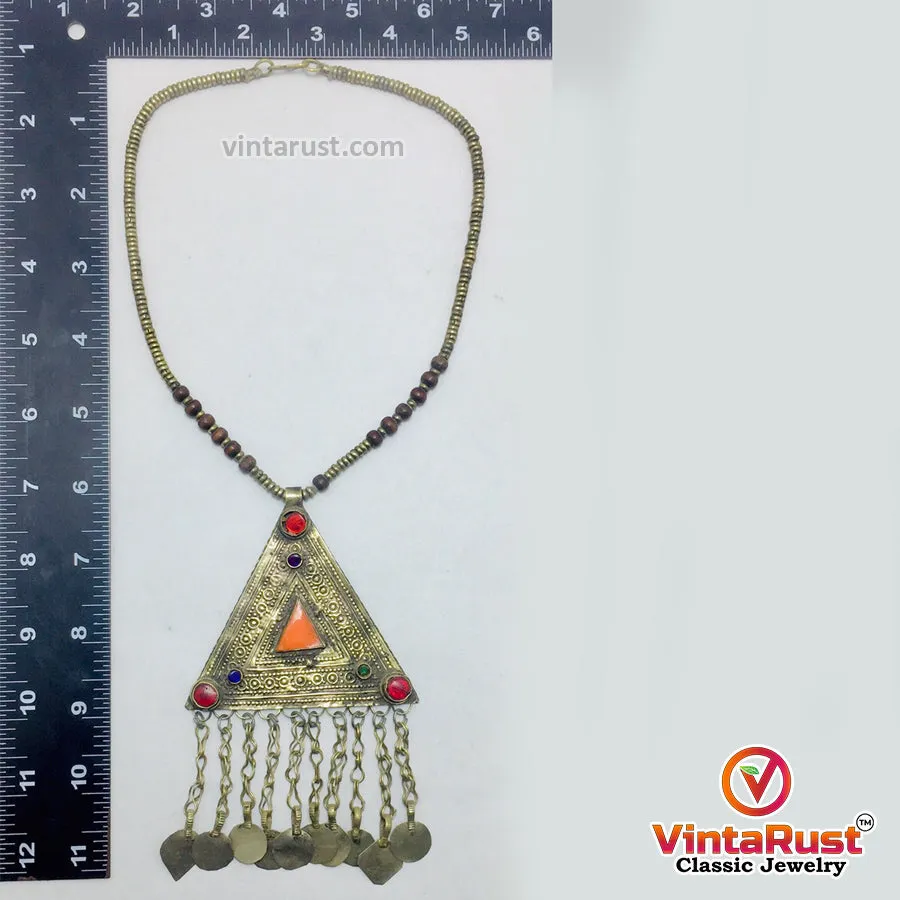 Metal And Wooden Beaded Chain Pendant Necklace