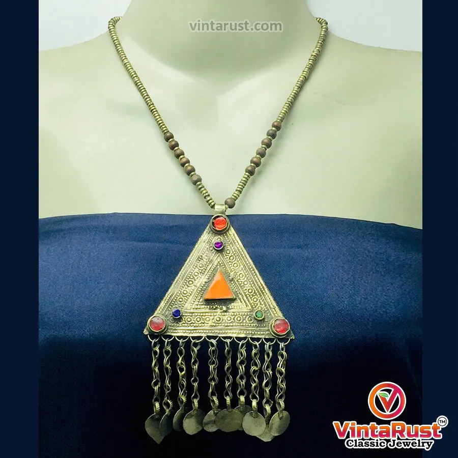Metal And Wooden Beaded Chain Pendant Necklace