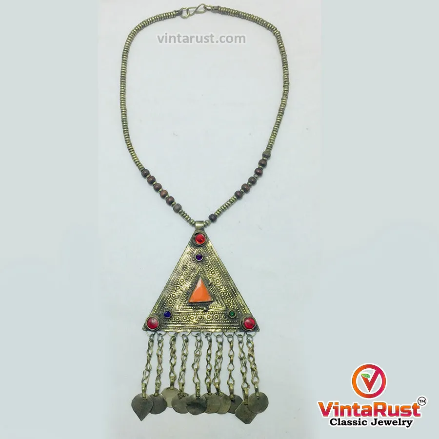 Metal And Wooden Beaded Chain Pendant Necklace