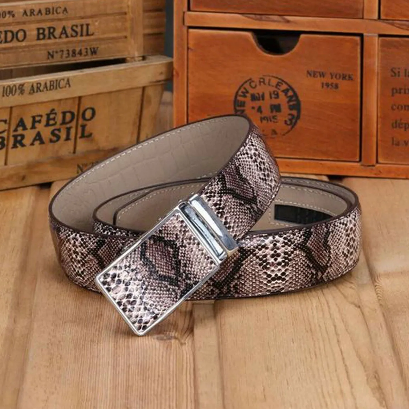 MROYALE™ Faux Snake Skin Embossed Leather Ratchet Belt | Men's Snake Automatic Buckle