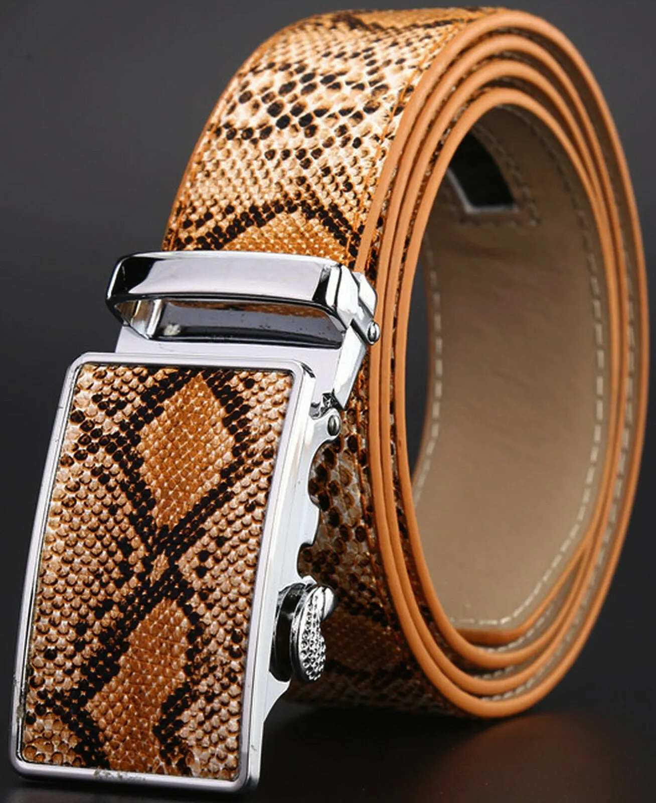 MROYALE™ Faux Snake Skin Embossed Leather Ratchet Belt | Men's Snake Automatic Buckle
