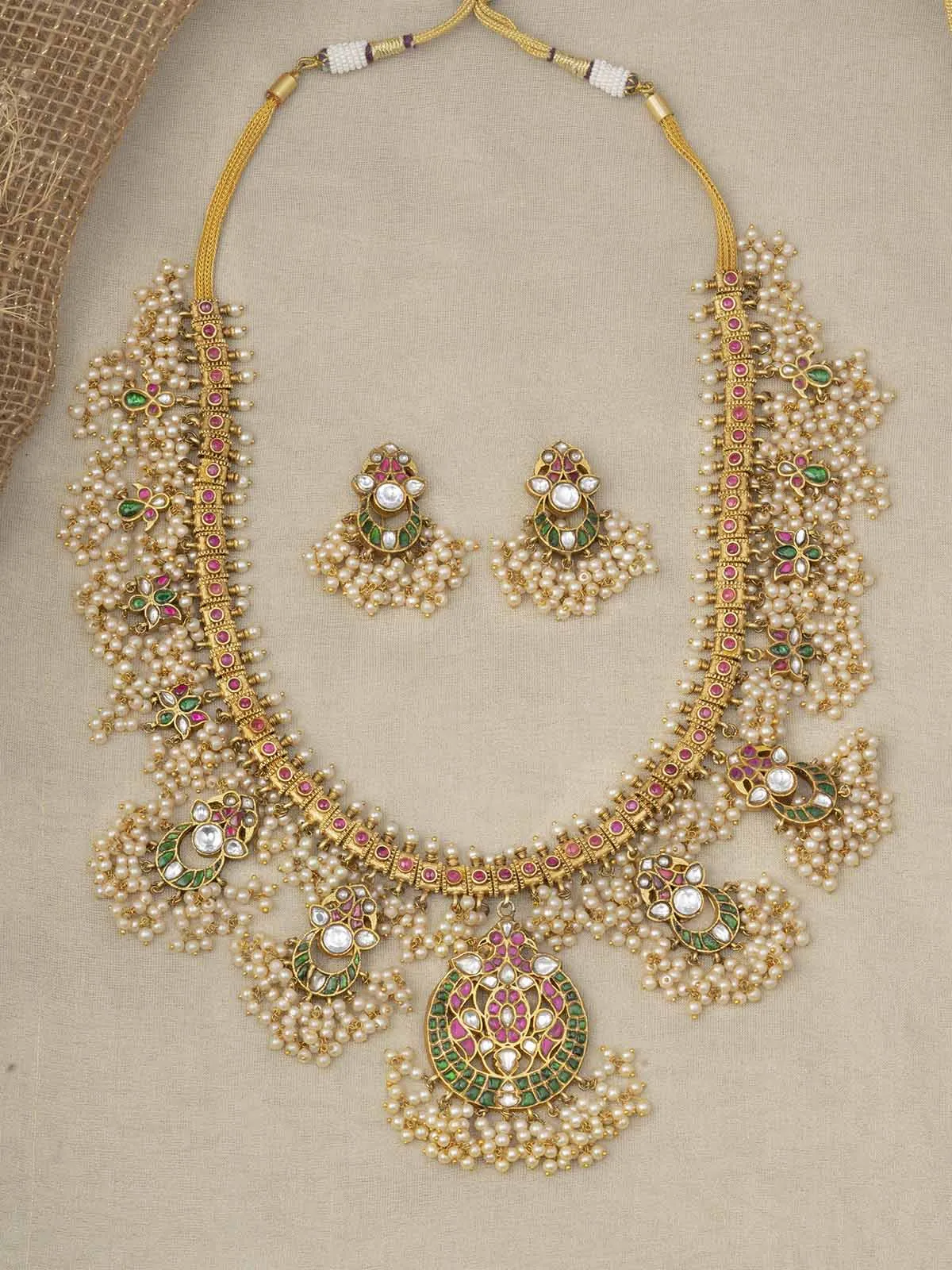 Multicolor Gold Plated Temple Necklace Set - TMPSET126M