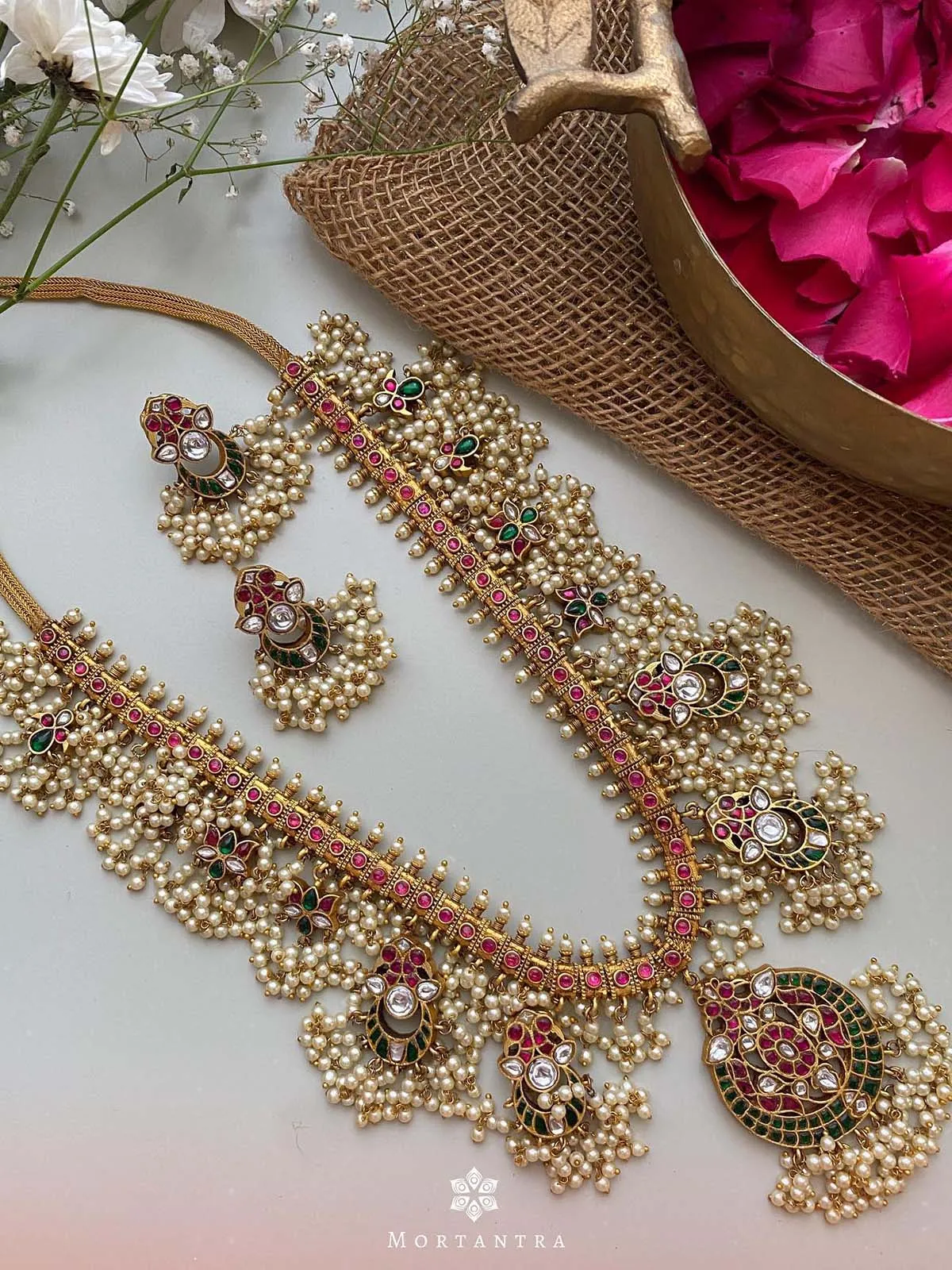 Multicolor Gold Plated Temple Necklace Set - TMPSET126M