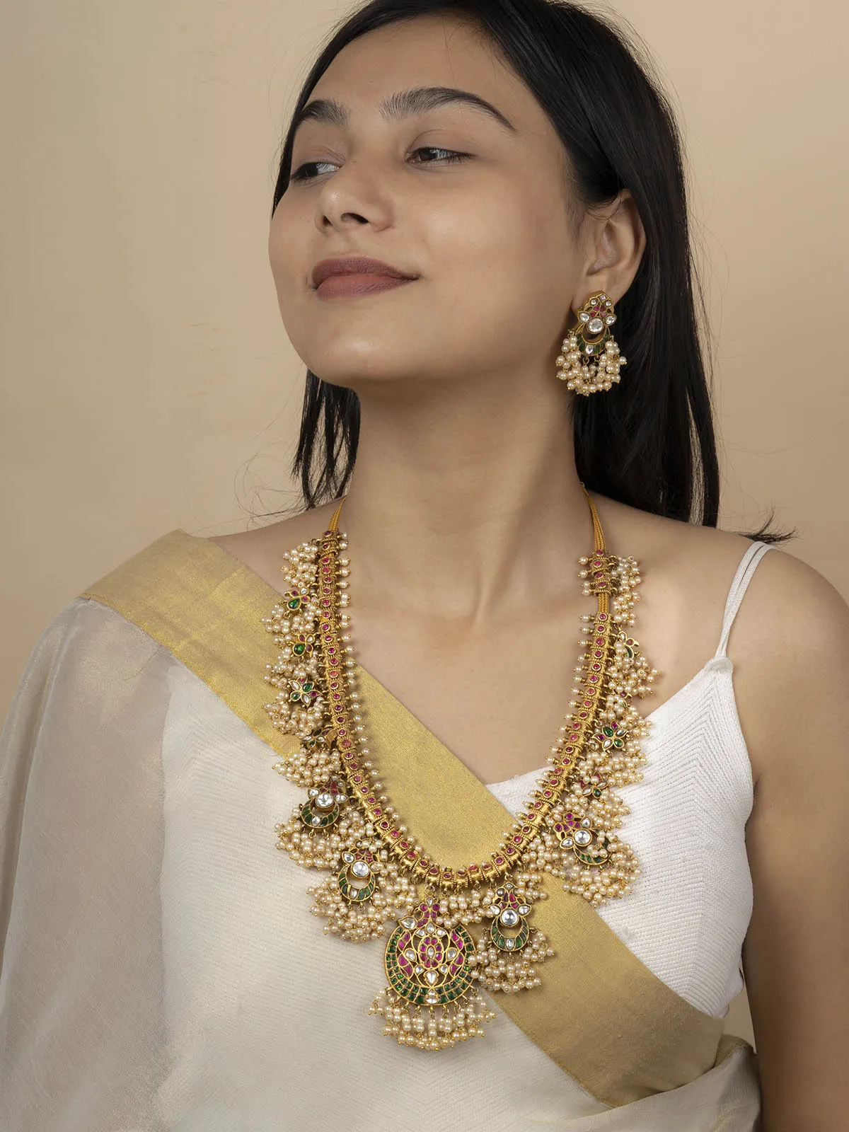 Multicolor Gold Plated Temple Necklace Set - TMPSET126M