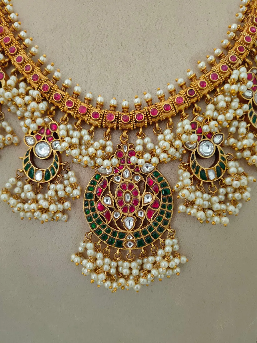 Multicolor Gold Plated Temple Necklace Set - TMPSET126M