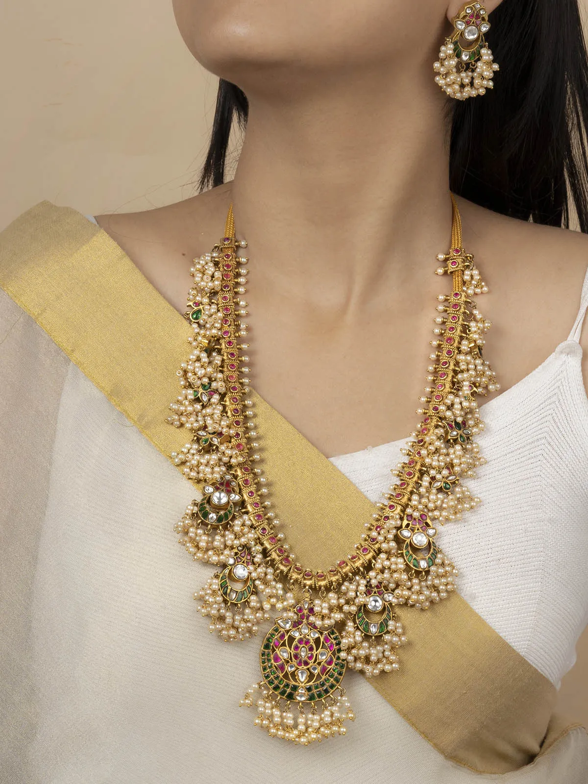 Multicolor Gold Plated Temple Necklace Set - TMPSET126M