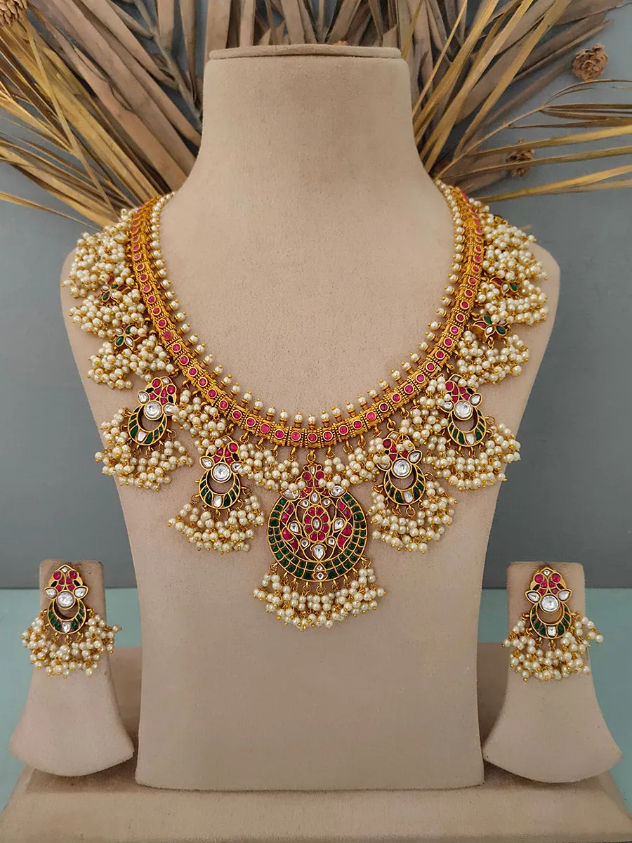Multicolor Gold Plated Temple Necklace Set - TMPSET126M