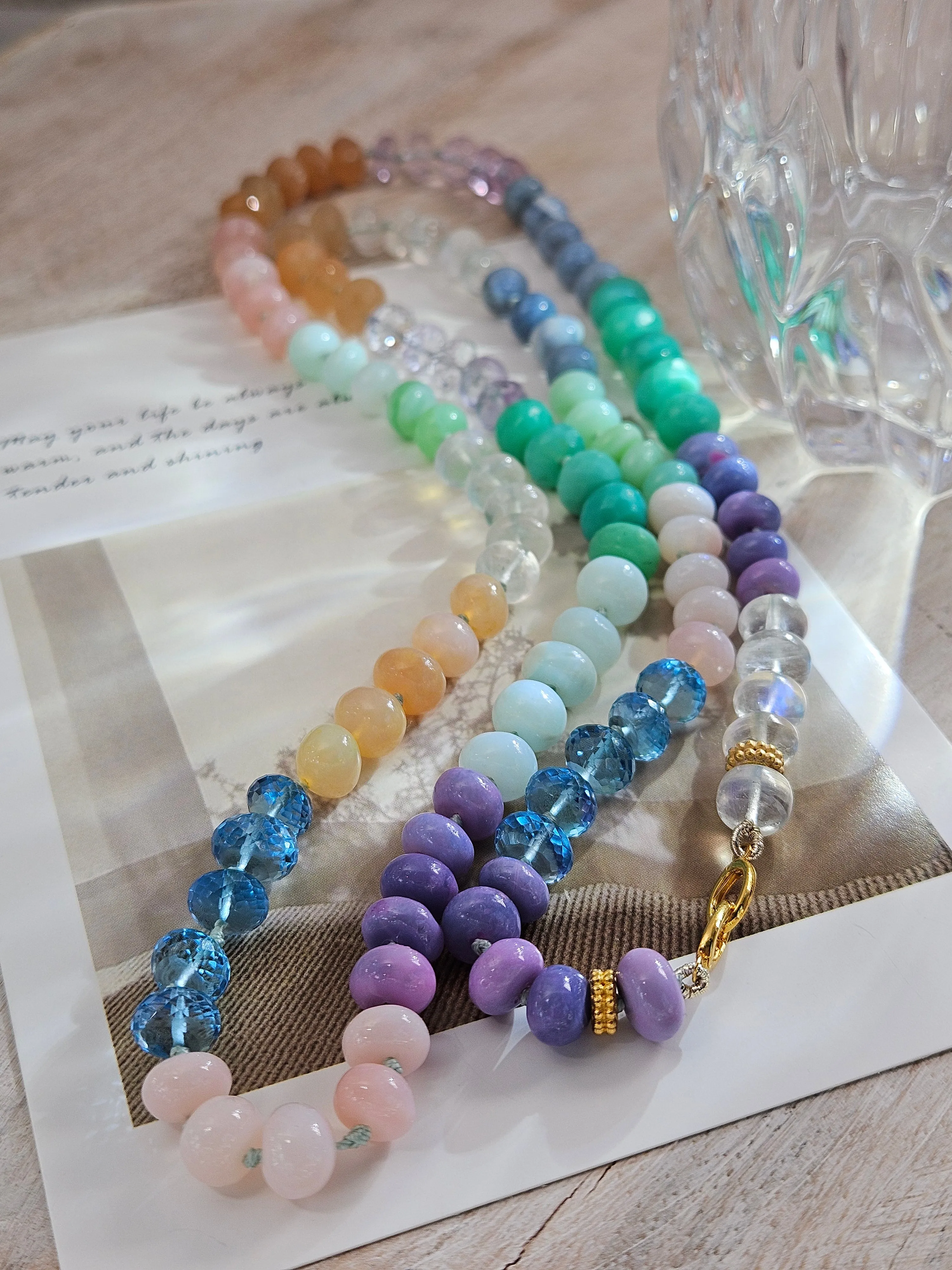 Multicolor Rainbow Gemstone Opal Chalcedony Amethyst Moonstone 18K Yellow Gold Long Necklace 30"