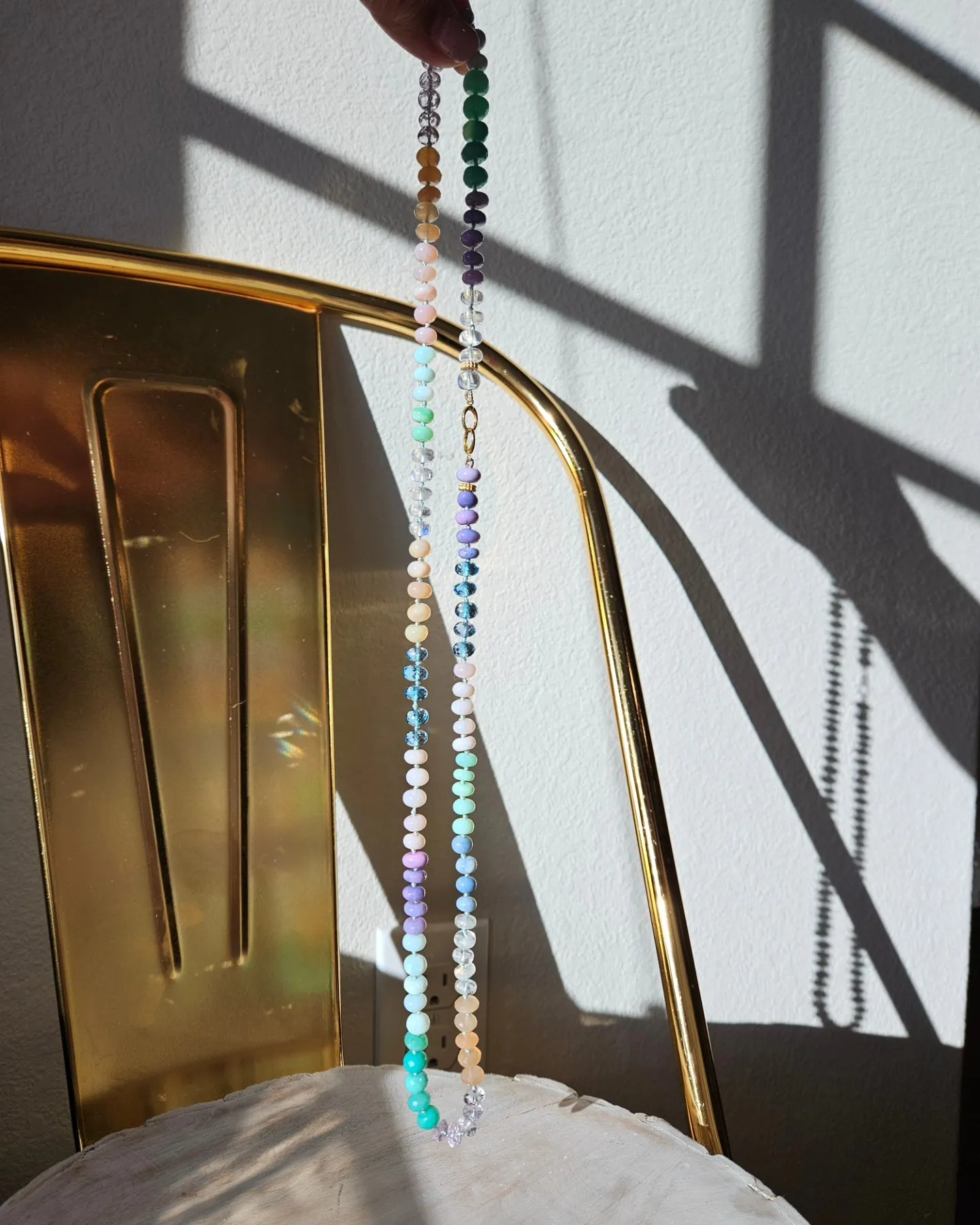 Multicolor Rainbow Gemstone Opal Chalcedony Amethyst Moonstone 18K Yellow Gold Long Necklace 30"