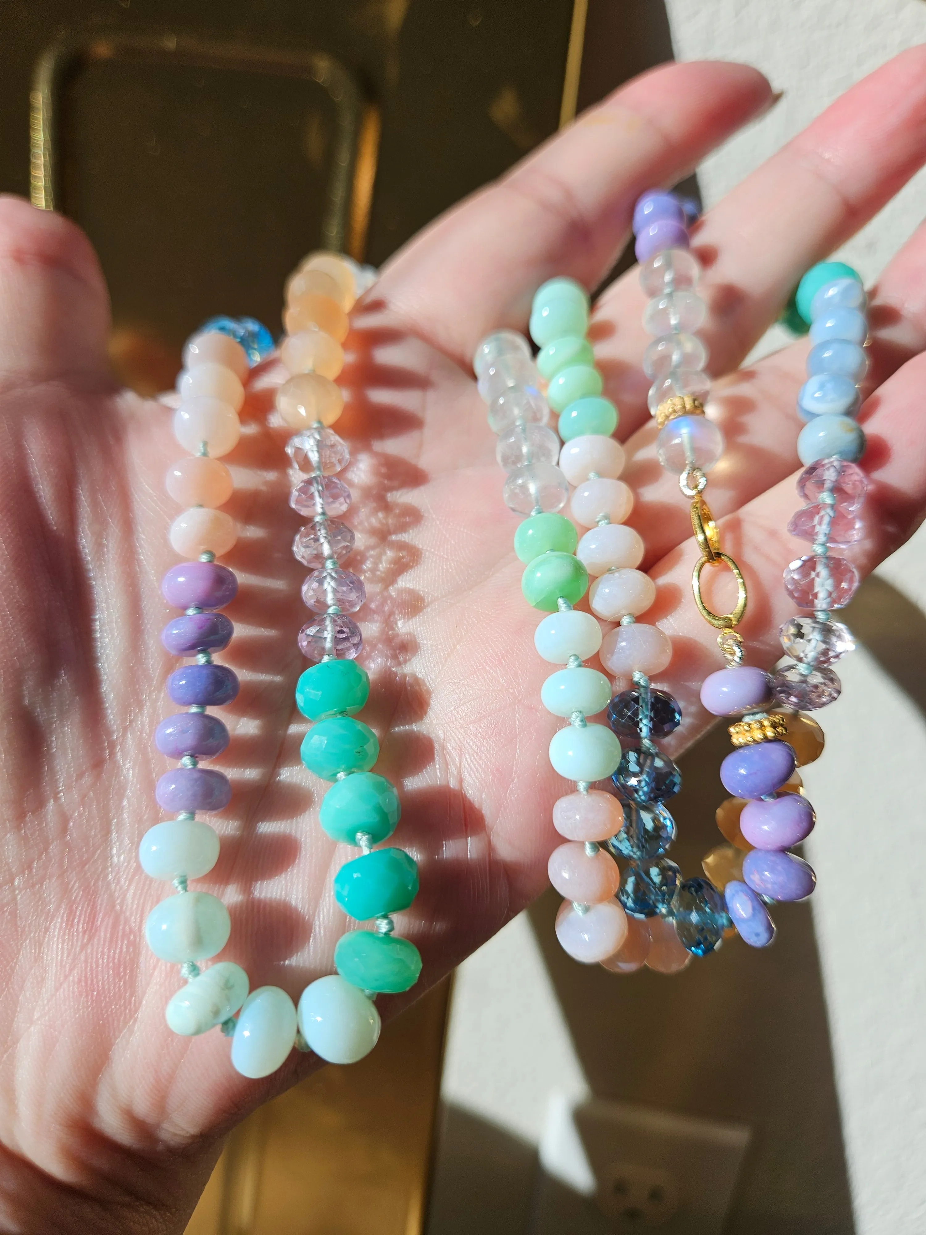 Multicolor Rainbow Gemstone Opal Chalcedony Amethyst Moonstone 18K Yellow Gold Long Necklace 30"