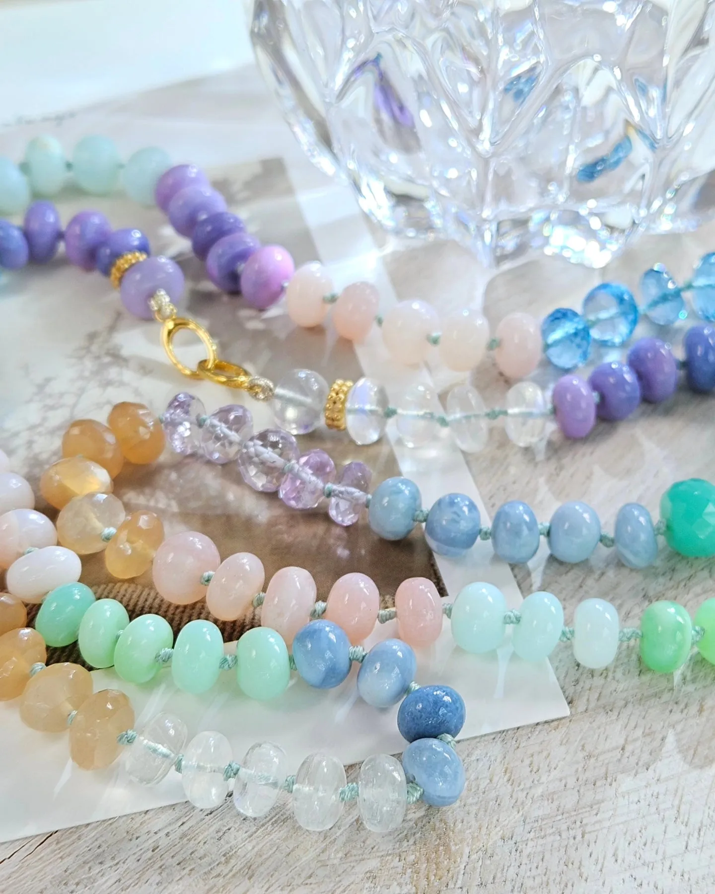 Multicolor Rainbow Gemstone Opal Chalcedony Amethyst Moonstone 18K Yellow Gold Long Necklace 30"