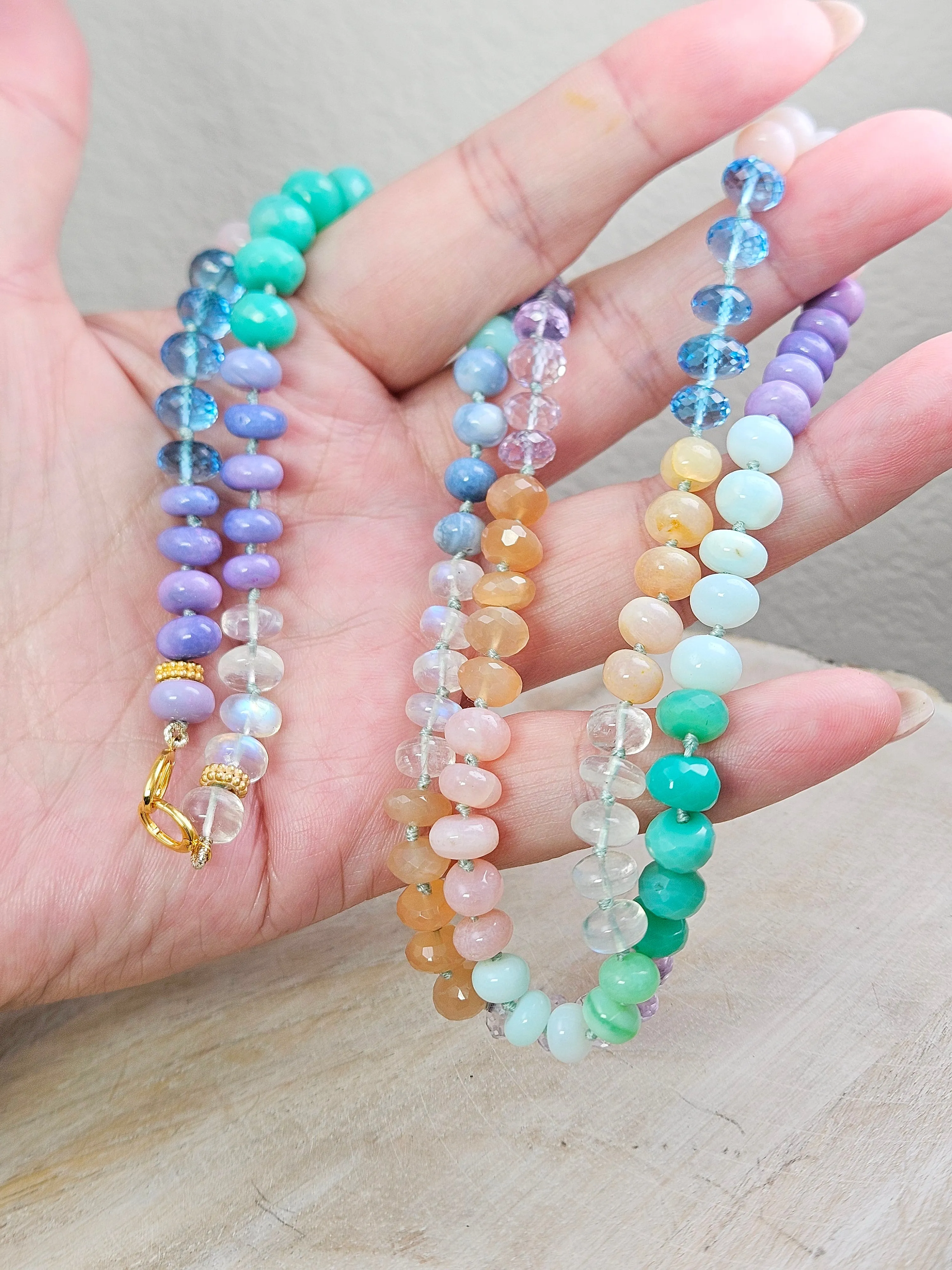 Multicolor Rainbow Gemstone Opal Chalcedony Amethyst Moonstone 18K Yellow Gold Long Necklace 30"
