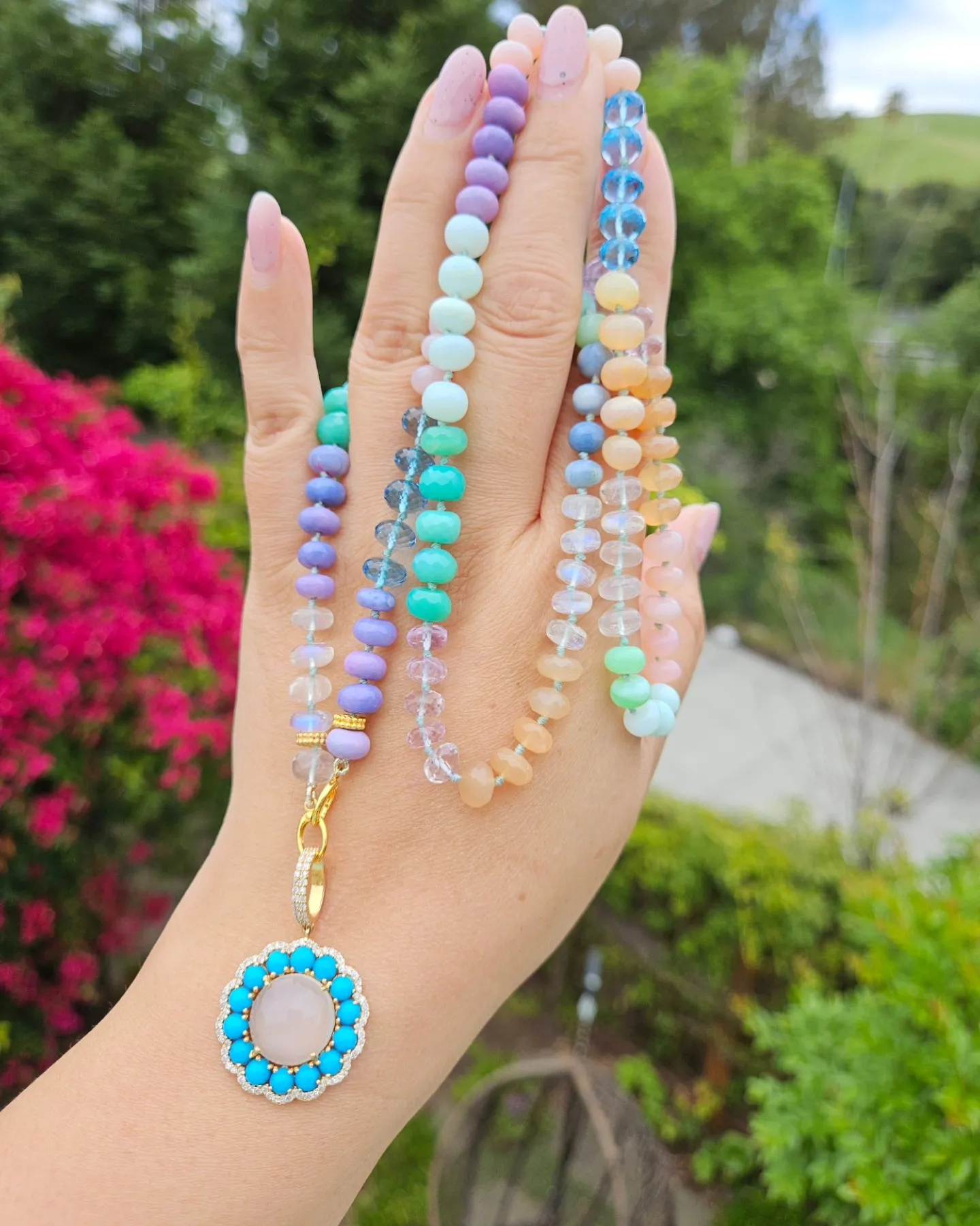 Multicolor Rainbow Gemstone Opal Chalcedony Amethyst Moonstone 18K Yellow Gold Long Necklace 30"