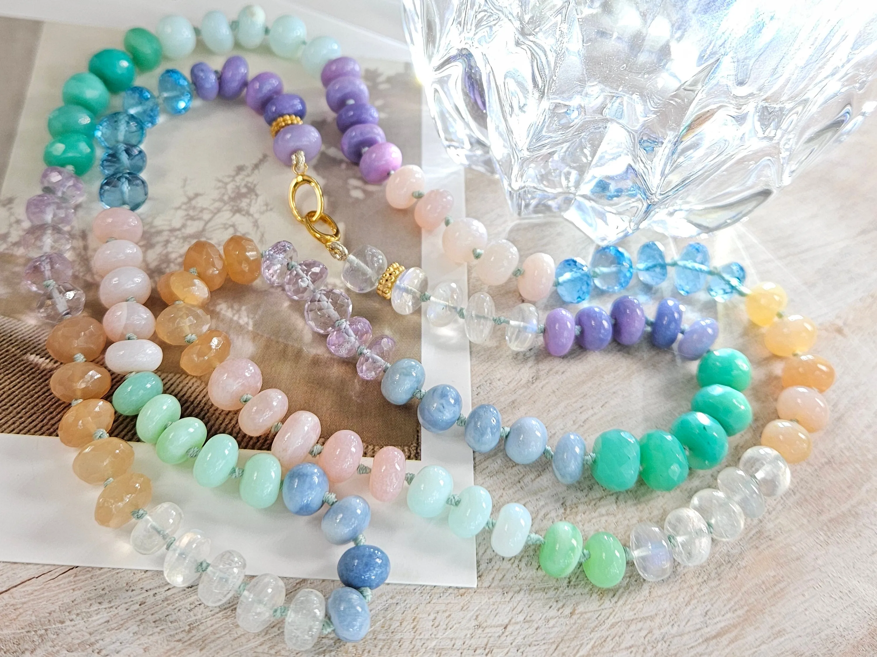 Multicolor Rainbow Gemstone Opal Chalcedony Amethyst Moonstone 18K Yellow Gold Long Necklace 30"