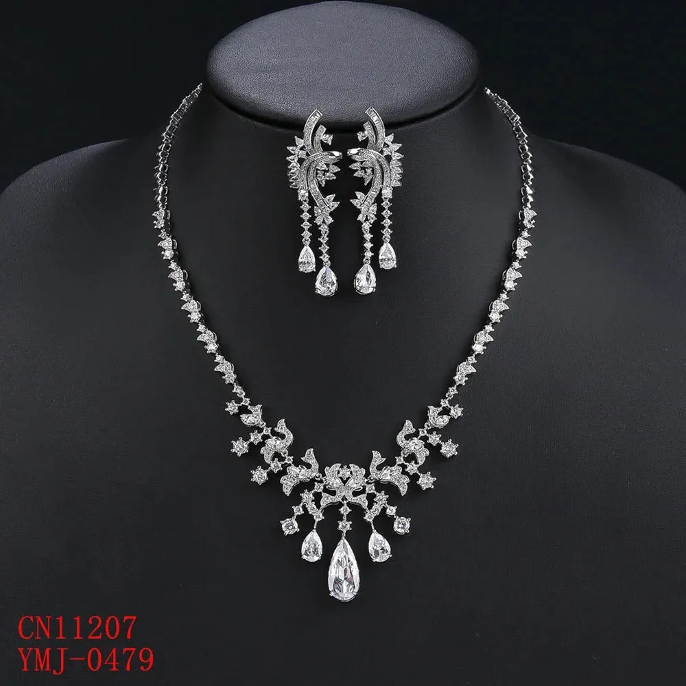 New Design Cubic Zirconia Droplet Tassel Necklace For Women Wedding Luxury Dubai Bridal White Zirconia Jewelry Set CN11207