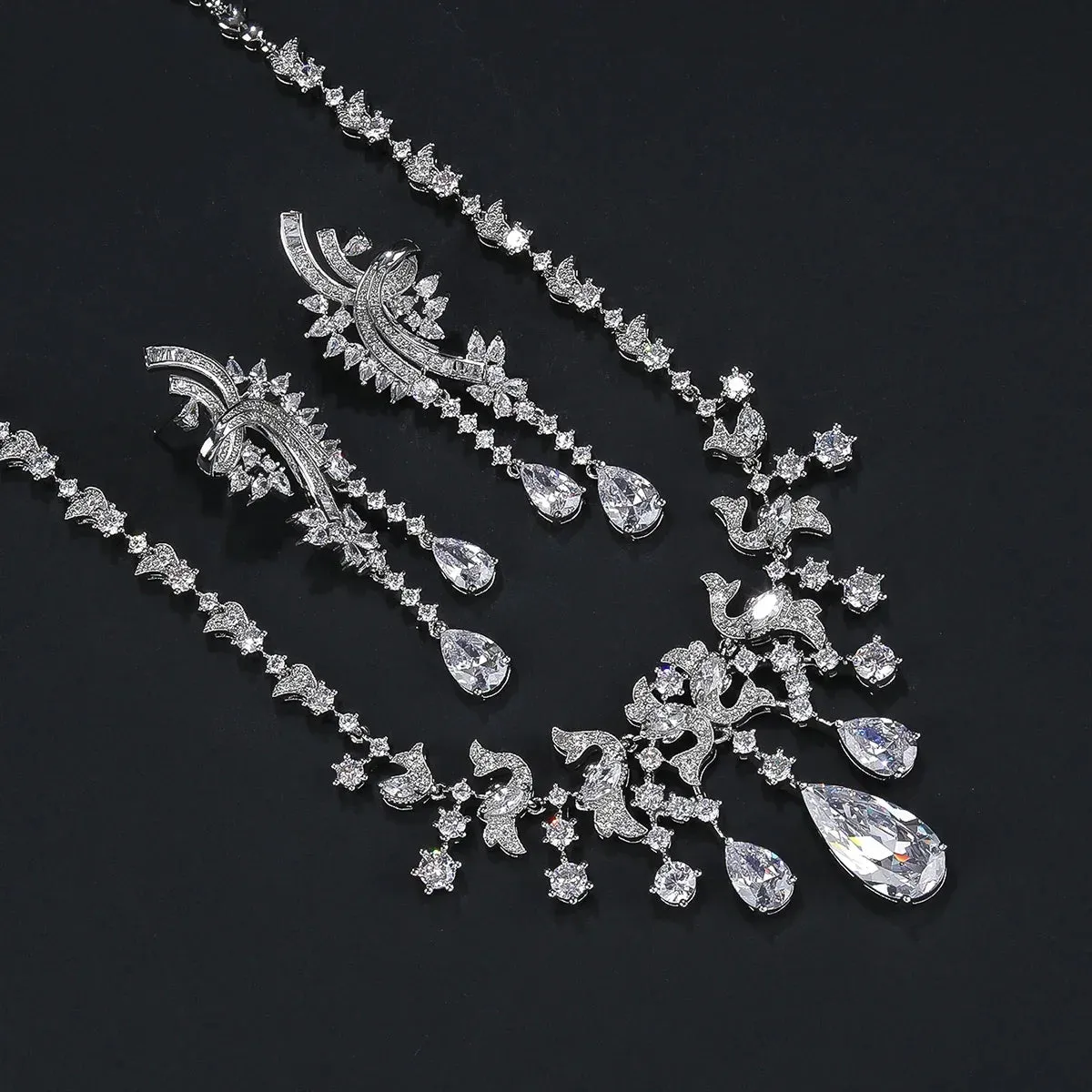 New Design Cubic Zirconia Droplet Tassel Necklace For Women Wedding Luxury Dubai Bridal White Zirconia Jewelry Set CN11207