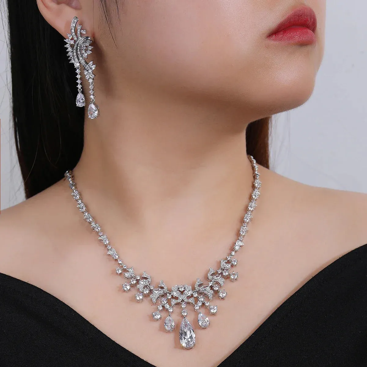 New Design Cubic Zirconia Droplet Tassel Necklace For Women Wedding Luxury Dubai Bridal White Zirconia Jewelry Set CN11207