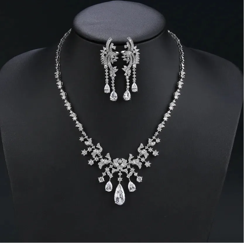New Design Cubic Zirconia Droplet Tassel Necklace For Women Wedding Luxury Dubai Bridal White Zirconia Jewelry Set CN11207