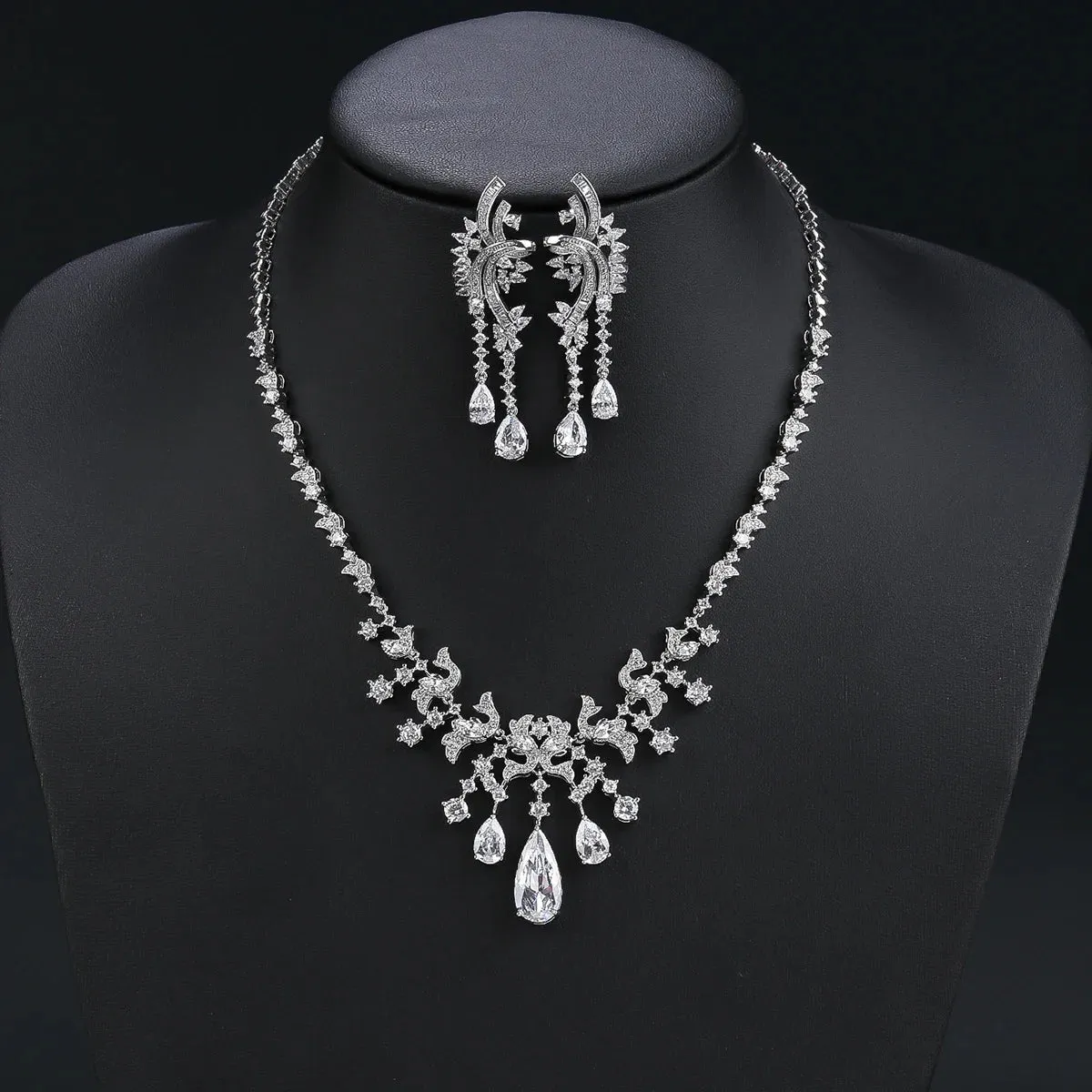 New Design Cubic Zirconia Droplet Tassel Necklace For Women Wedding Luxury Dubai Bridal White Zirconia Jewelry Set CN11207
