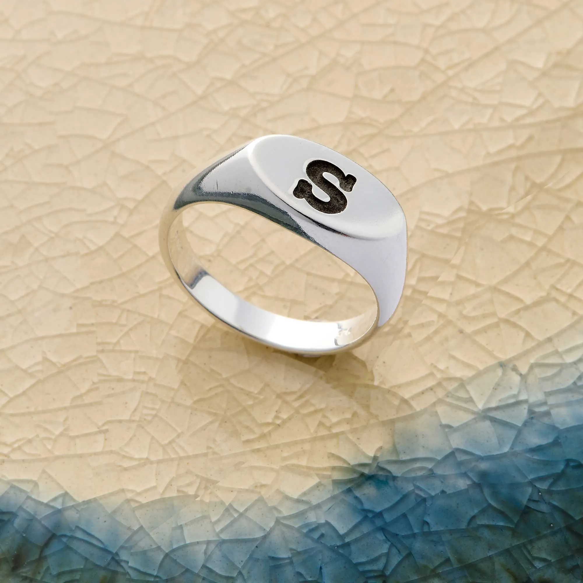 Oval Initial Silver Signet Ring
