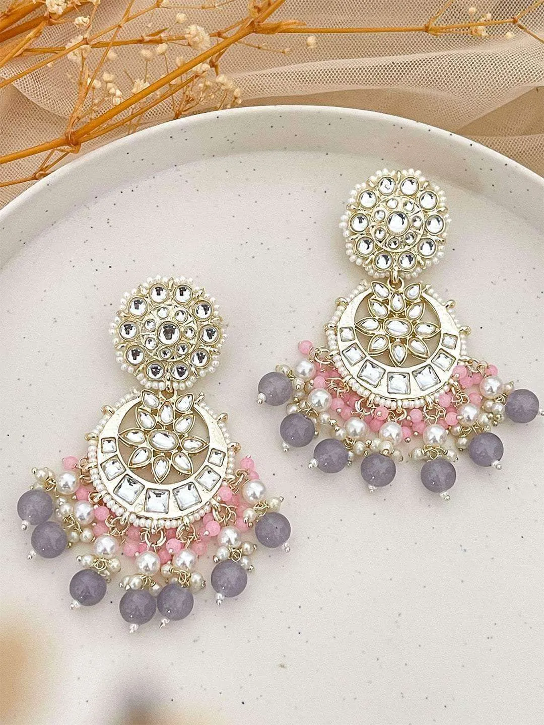 Pale Pink And Ash Chandbali Earrings