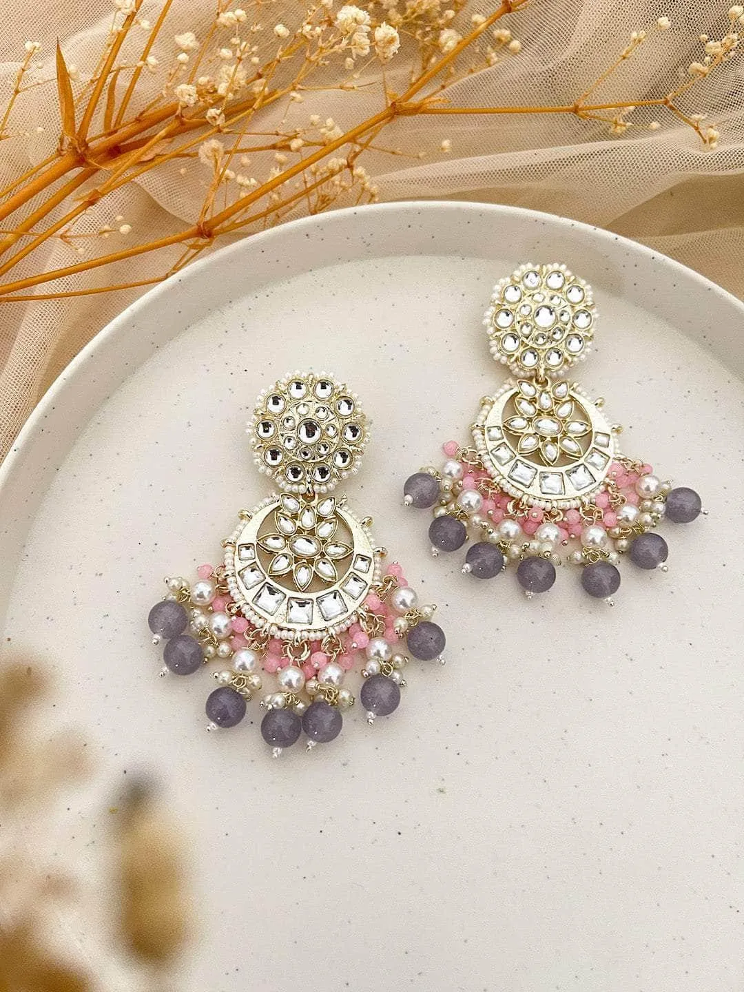 Pale Pink And Ash Chandbali Earrings