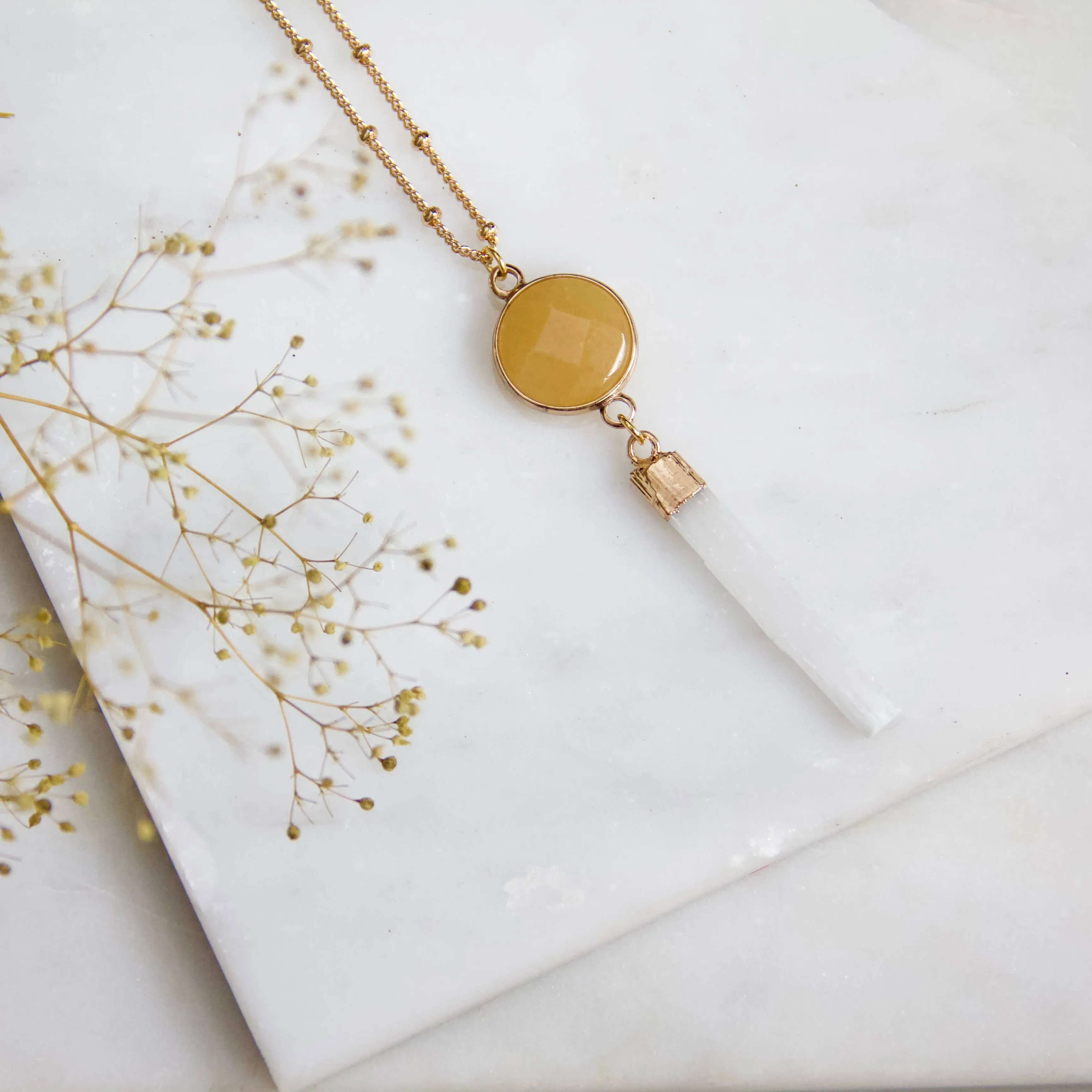Peach Moonstone and Selenite Long Necklace