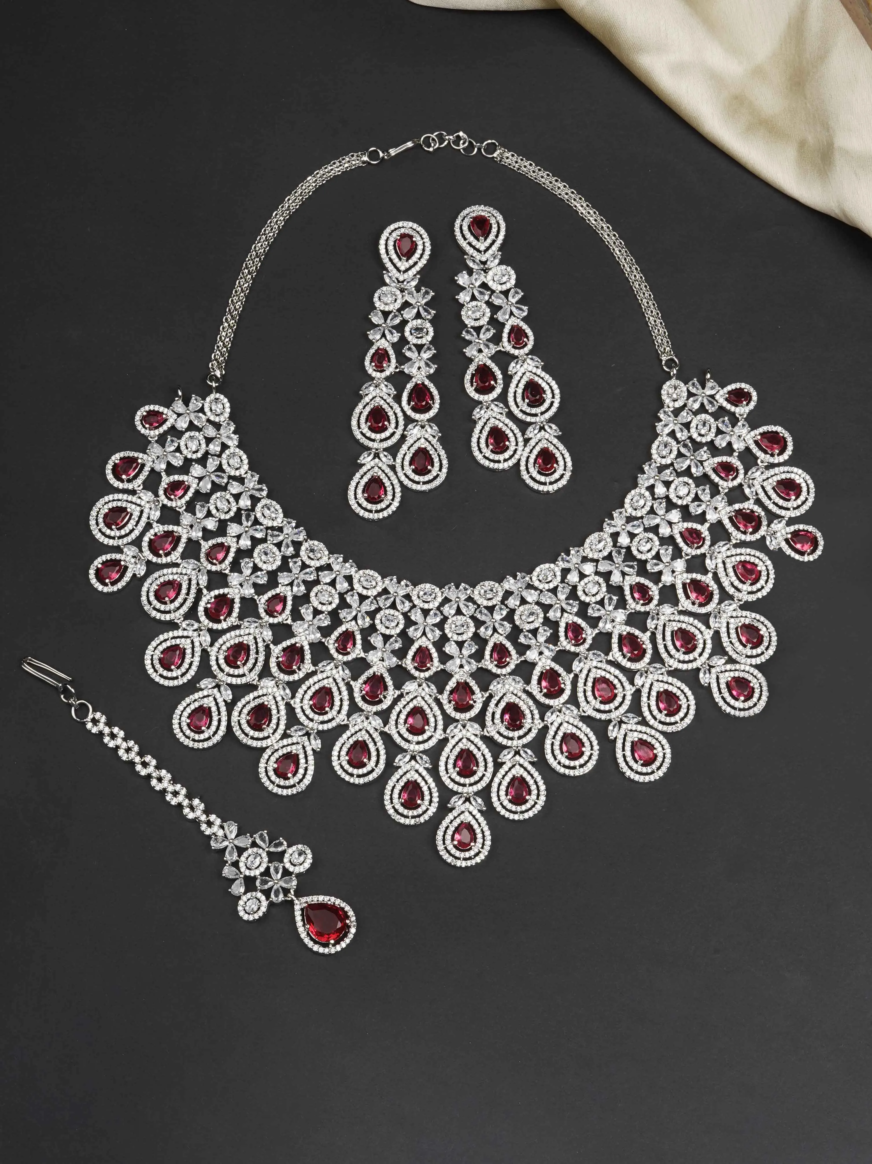 Pink Color Silver Plated Faux Diamond Bridal Necklace Set - CZSET322P
